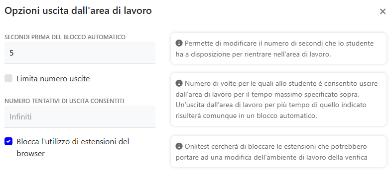 Opzioni area di lavoro