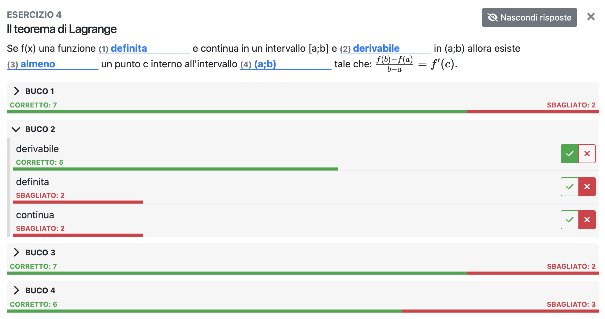 Dettaglio delle risposte di una domanda a testo bucato