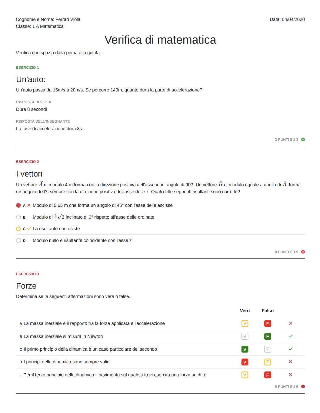 Esempio di esportazione della verifica di uno studente