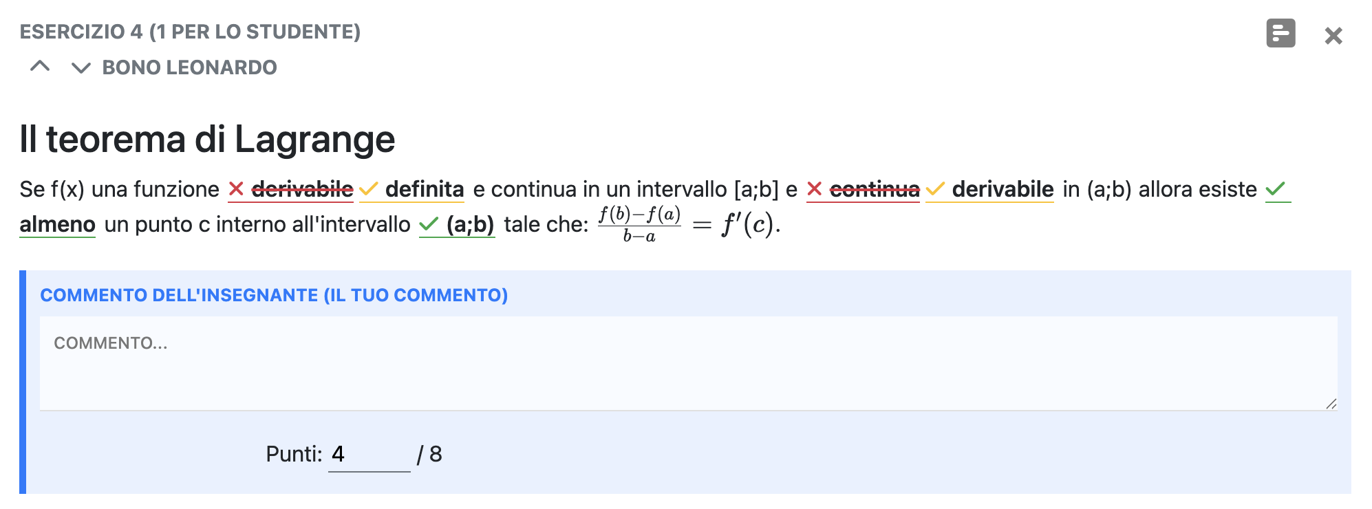 Sezione dei punteggi dei singoli esercizi della verifica